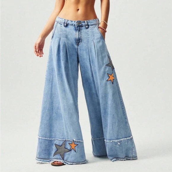 Denim Flare Jeans with Star Accents